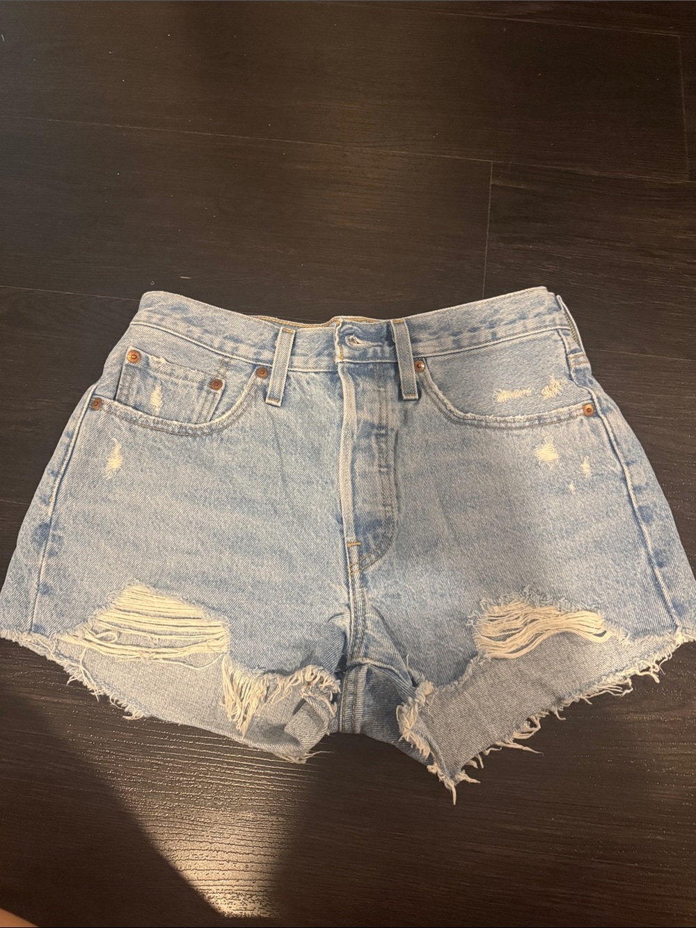 Levi's 501 Light Blue Distressed High-Rise Denim Shorts